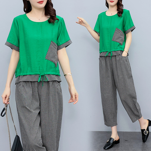 RM19344#大码女装2023年新款胖mm减龄遮肚休闲短袖九分裤套装