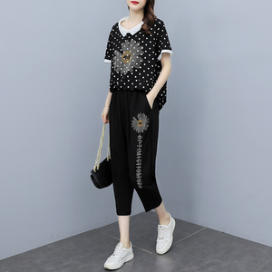 RM9427#夏季新款大码女装波点短袖上衣+七分裤两件套