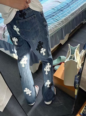 美式刺绣贴皮CH克罗十字架微喇牛仔裤男潮牌高街百搭拉链纽扣长裤