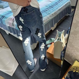 美式刺绣贴皮CH克罗十字架微喇牛仔裤男潮牌高街百搭拉链纽扣长裤