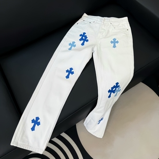 美式高街轻奢克罗十字架白色牛仔裤贴标休闲宽松直筒潮牌裤子男女