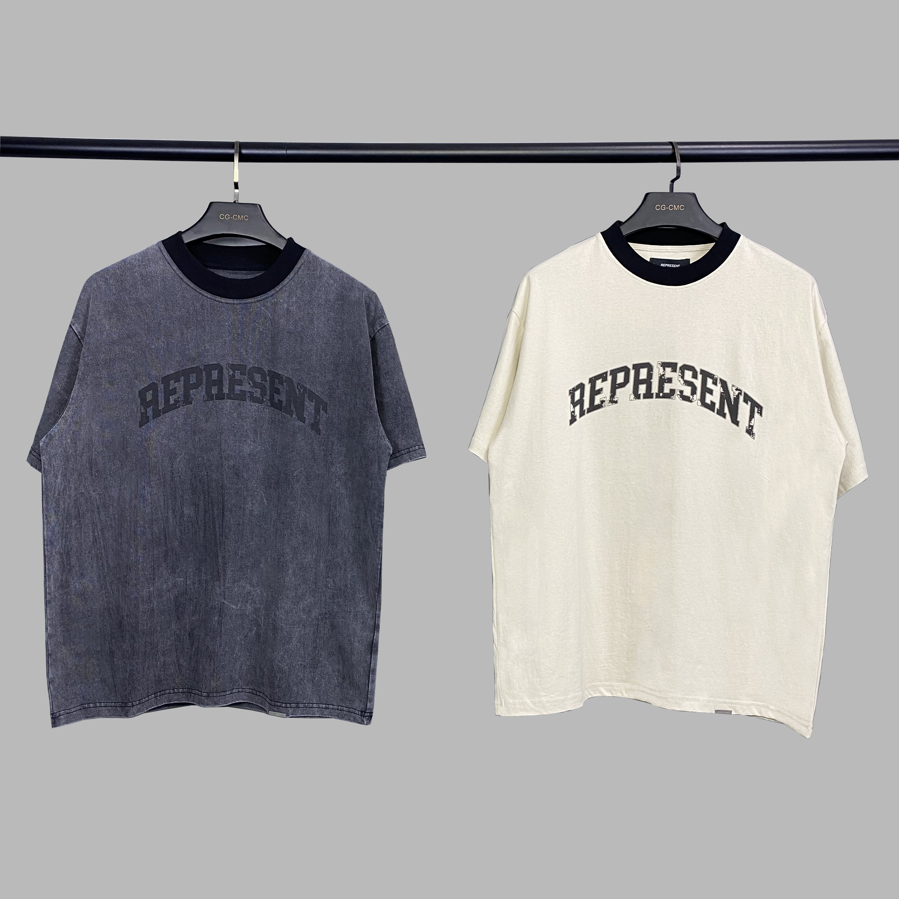 represent水洗做旧胸前字母印花短袖高街潮流男女纯棉情侣t恤fog