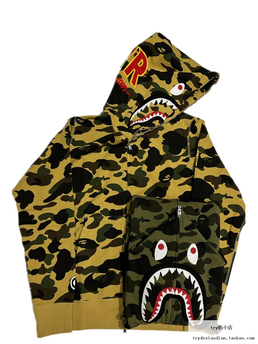 现货 bape 1st camo shark hoodie 经典黄绿迷彩鲨鱼卫衣帽衫外套