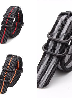 一体加厚尼龙表带NATO北约 防水防汗帆布手表带20mm 22mm 黑红 橙