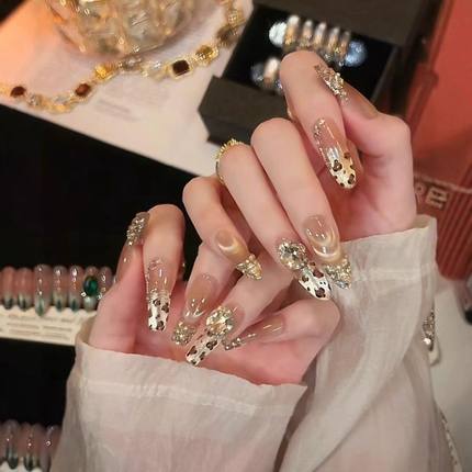 A189金秋金钱豹新款手工穿戴甲轻奢法式猫眼爆闪豹纹高级显白美甲