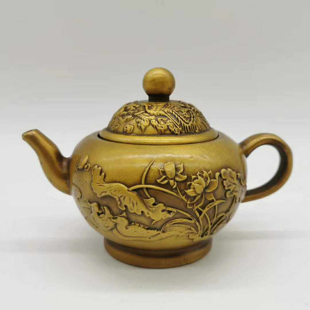 古玩铜器收藏黄铜鸳鸯戏水壶清新雅致,意趣盎然做工精湛包浆润泽