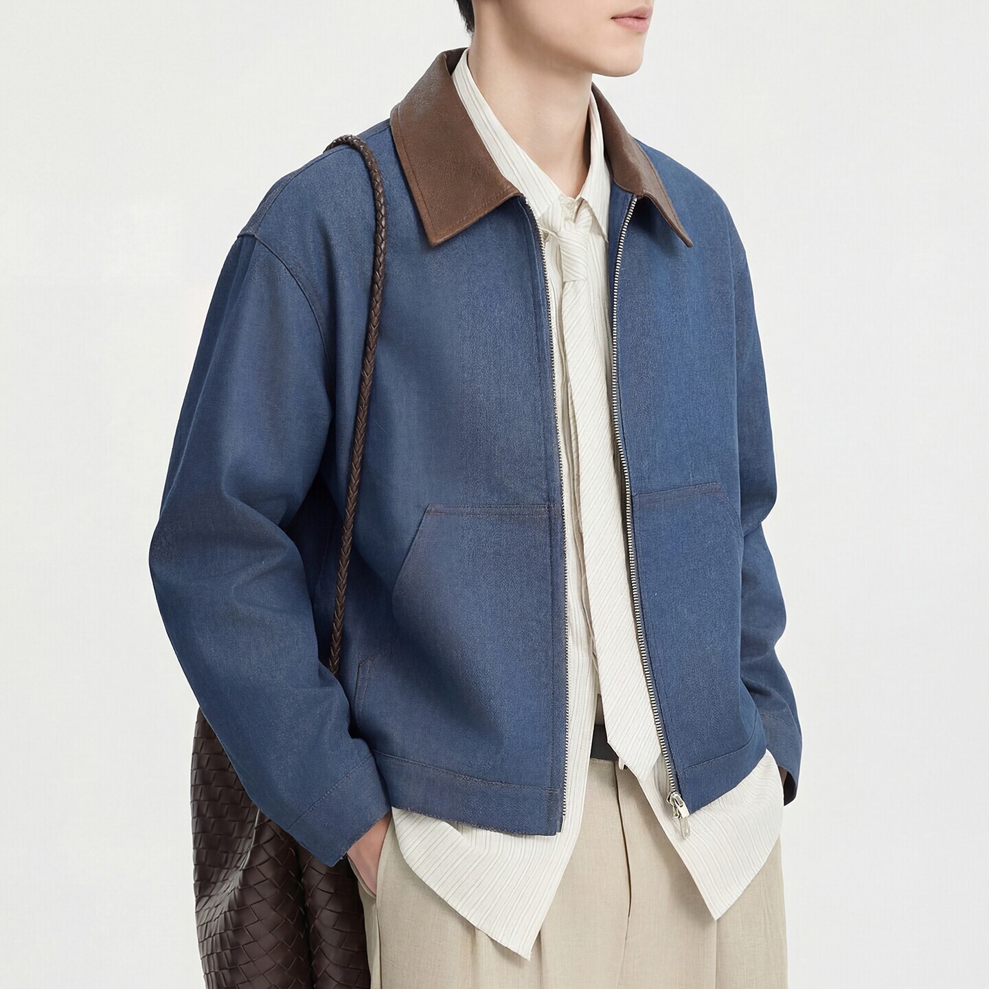 高端撞色翻领牛仔夹克男士春季新款潮流痞帅休闲高级感拼皮外套