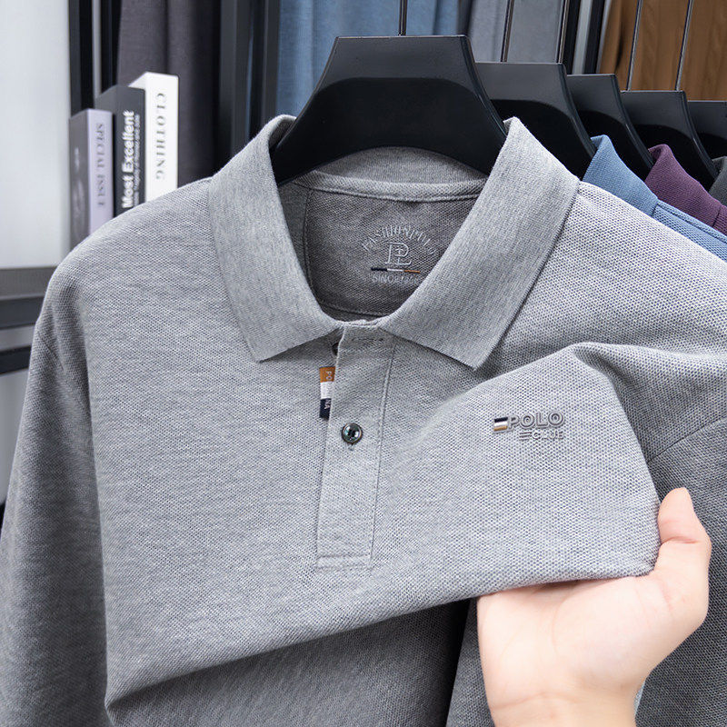 高端宽松纯色翻领长袖t恤男春季新款上衣商务polo衫大码打底衫