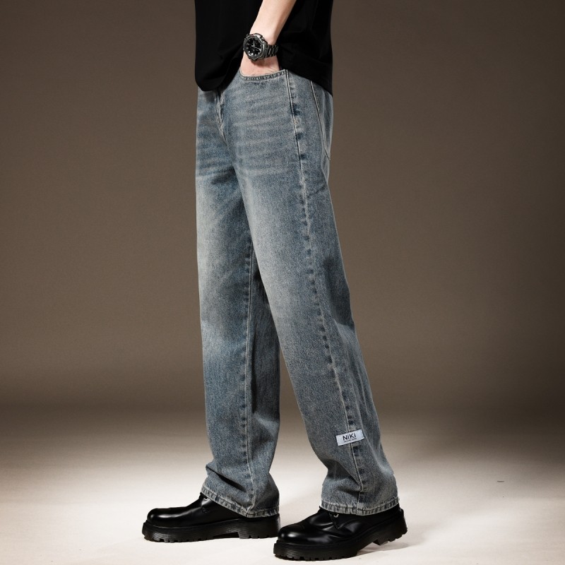 百尊高街美式休闲阔腿牛仔裤男宽松大码直筒复古加绒浅蓝色长裤子