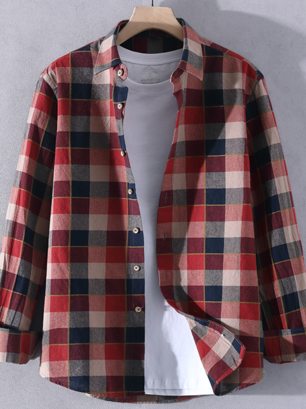 百尊格子长袖衬衫男红色时尚青少年衬衣服2025年春秋季宽松薄外套