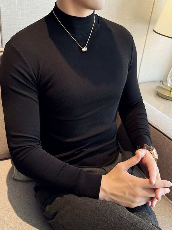 百尊中领长袖T恤男秋冬季紧身半高领打底衫加厚加绒修身黑色内搭