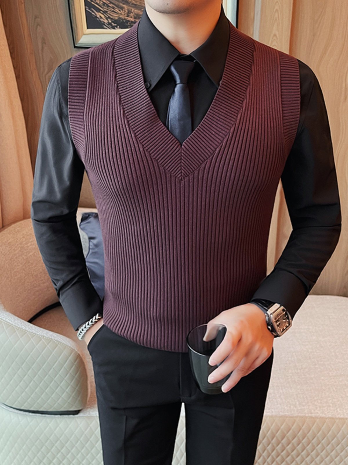 百尊衬衫毛衣马甲男高级感修身韩版秋冬季无袖针织衫背心V领打底