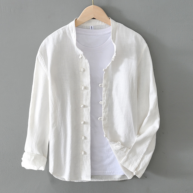 百尊盘扣长袖棉麻衬衫男中国风春季薄款休闲宽松亚麻唐装衬衣外套