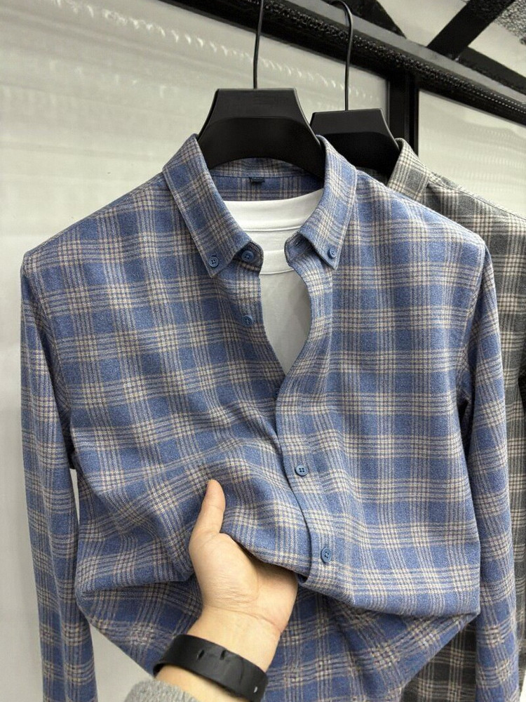 高端宽松长袖格子衬衫外套男轻奢商务时尚百搭休闲格子纹磨毛衬衣