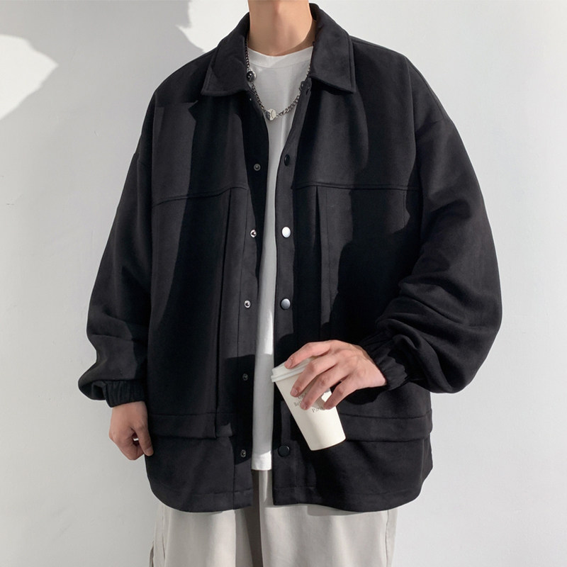 百尊黑色麂皮绒夹克男士春秋季新款休闲宽松翻领外套潮牌流上衣服