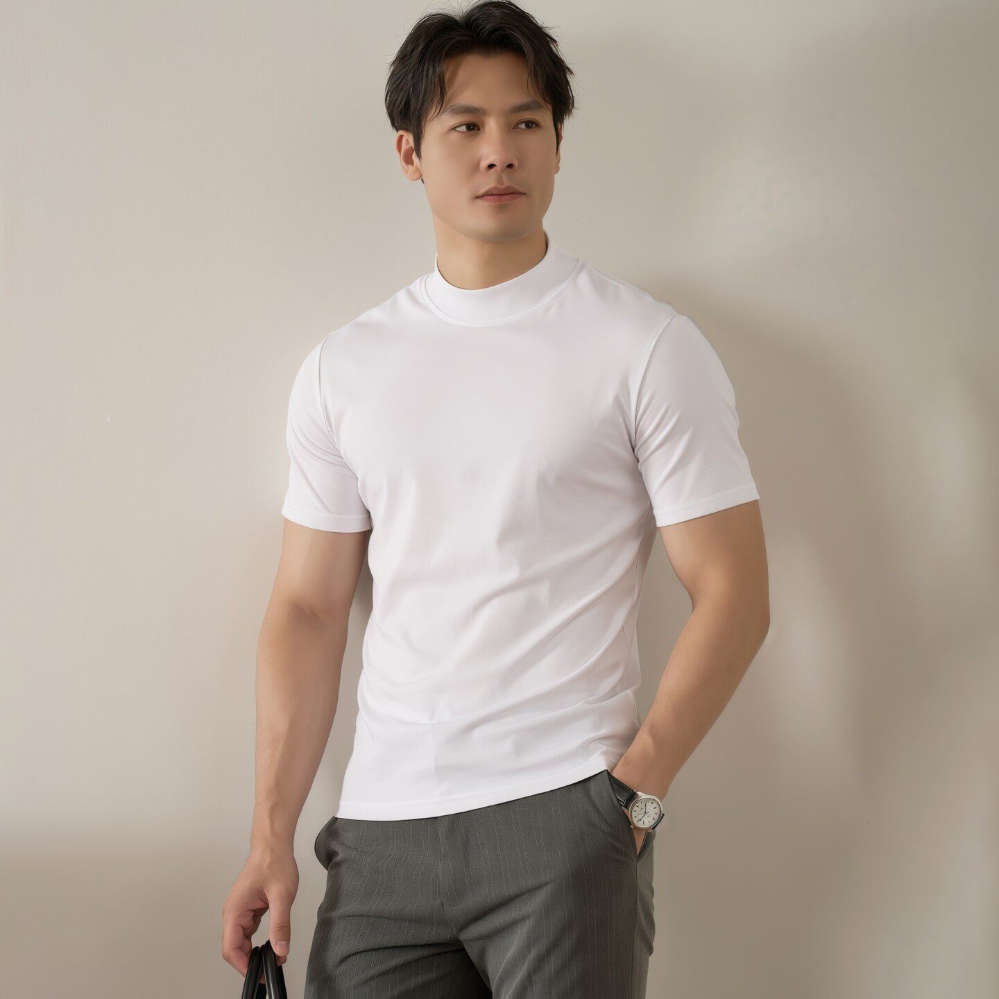 潮牌半高领打底衫百搭短袖修身中领内搭高级感夏季新款男士T恤