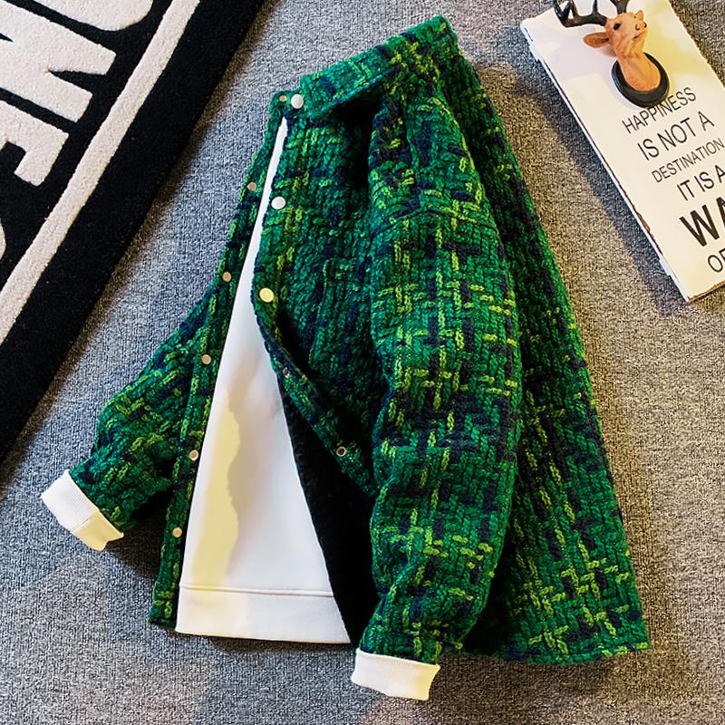 百尊小香风编织毛呢外套男宽松休闲百搭夹克秋冬款高级感格子衬衫