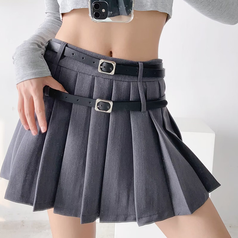 百褶半身裙欧美高腰双皮带