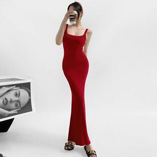 后背蝴蝶镂空 纯欲性感辣妹吊带连衣裙欧美显瘦露背鱼尾长裙