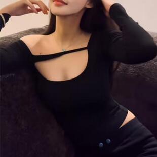 美式纯欲性感t恤斜肩长袖女收腰显瘦纯棉内搭辣妹低胸露锁骨上衣