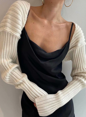 肯豆卡戴珊欧美落肩长袖毛衣纯色针织短外套女士秋冬季上衣披肩