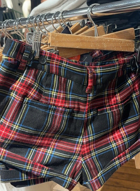BM感美式复古红色格子低腰短裤女辣妹撞色夏季热裤百搭休闲裤子