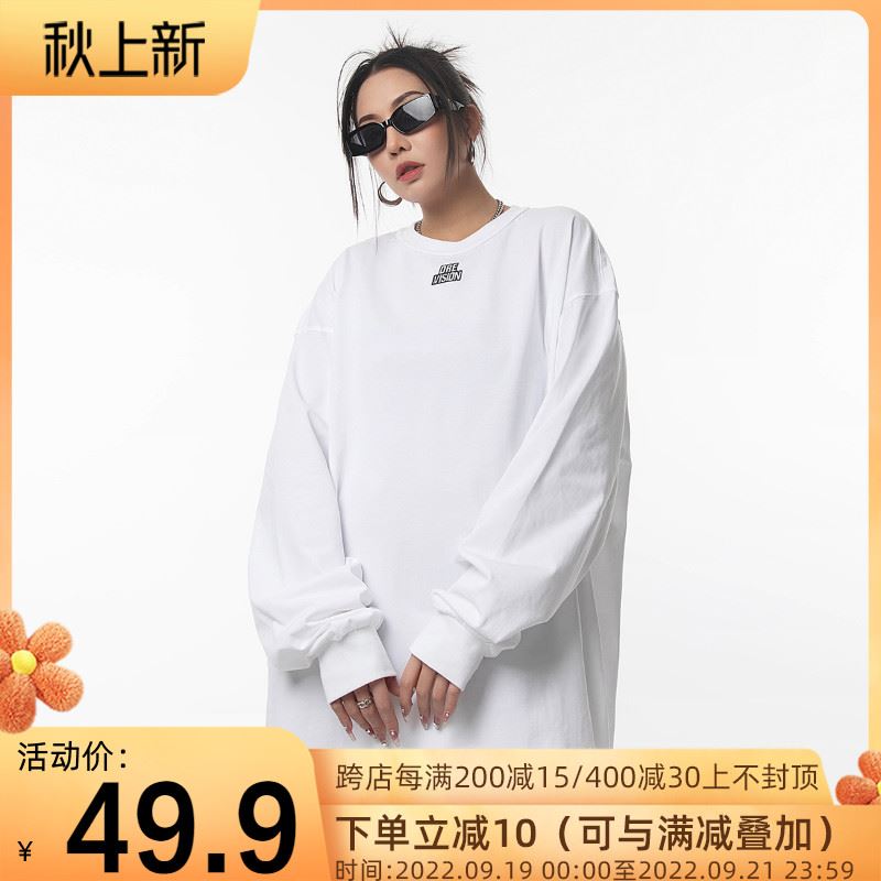 ONE PASS 街头潮牌宽松圆领长袖T恤女2022秋季情侣内搭打底衫上衣