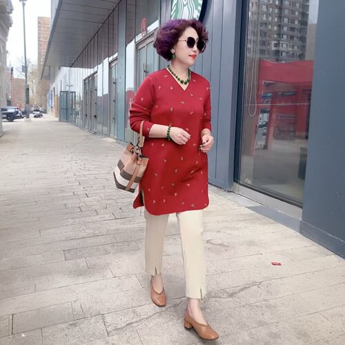 时尚洋气高端秋装妈妈宽松遮肚子中长款大版衫空气棉印花两件套装