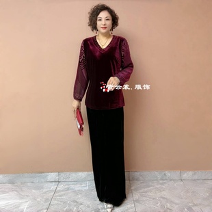 秋装新款真丝绒妈妈大码宽松遮肉显瘦烫钻V领旗袍衫上衣打底小衫