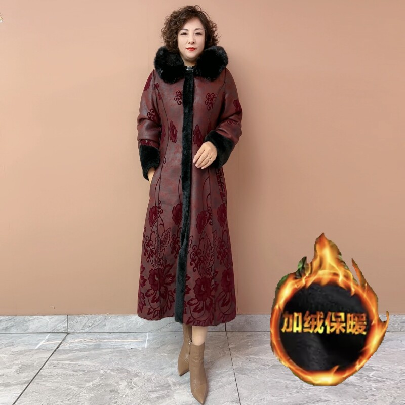 双面穿高贵阔太太加绒保暖大衣冬季新款妈皮毛一体加厚大码外套