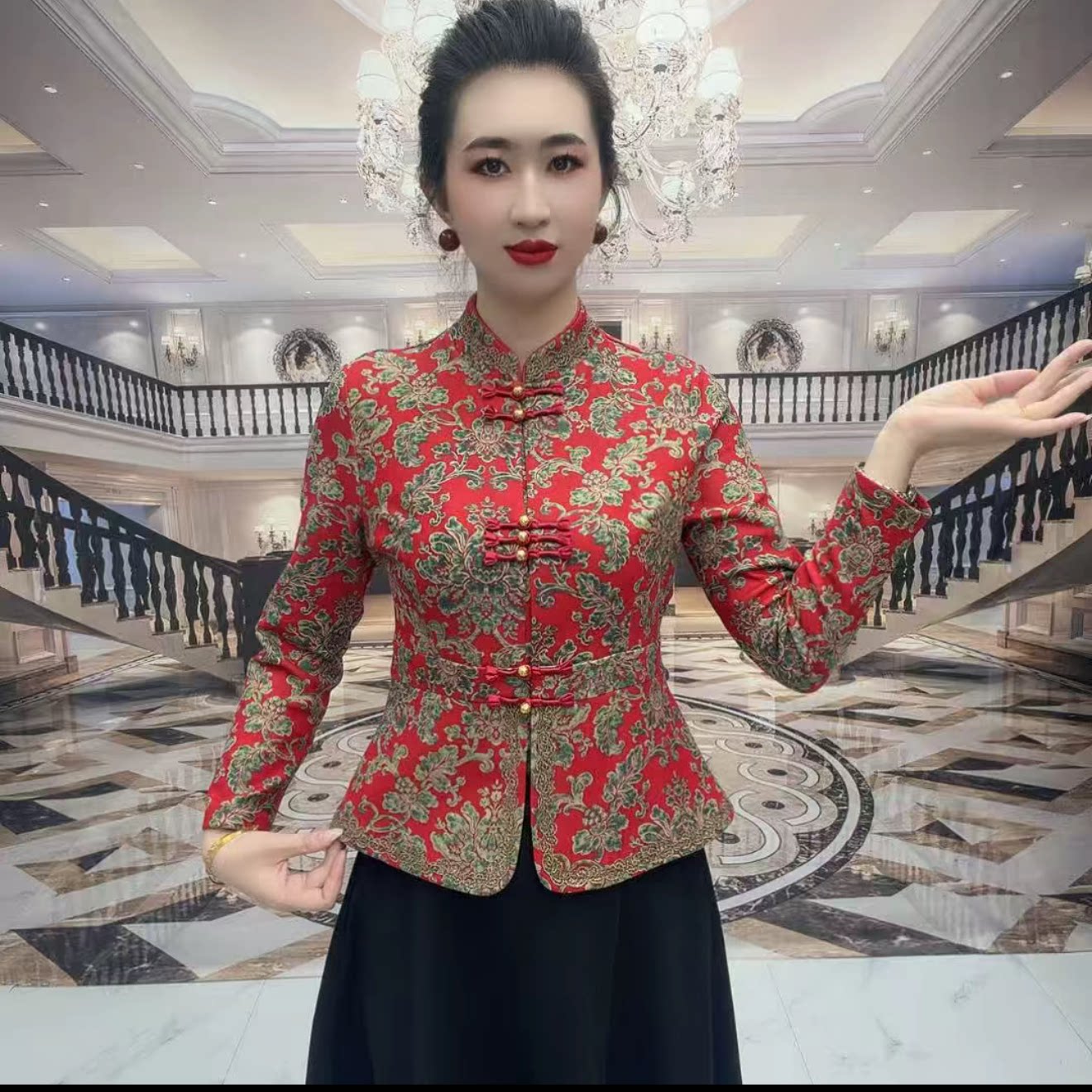 新中式年货新款秋冬加绒保暖妈妈外套盘扣唐装时尚洋气上衣打底衫