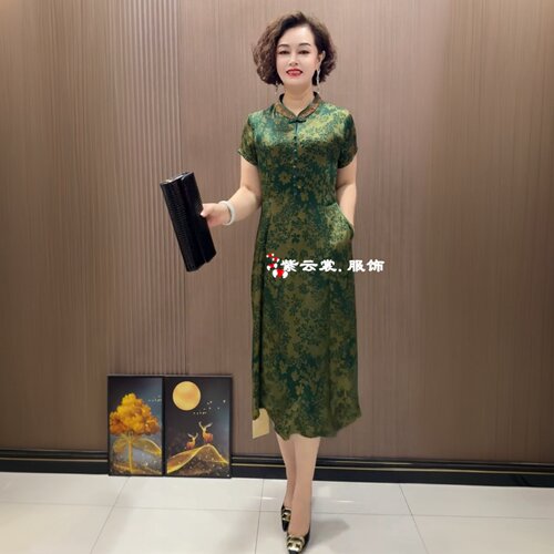 国风夏季真丝连衣裙中老年妈妈装短袖立领时尚旗袍过膝洋气长裙女