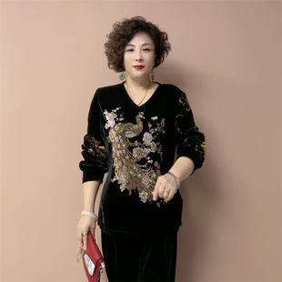 贵夫人秋冬新款真丝绒镶钻上衣中老年妈妈宽松遮肉大码洋气打底衫