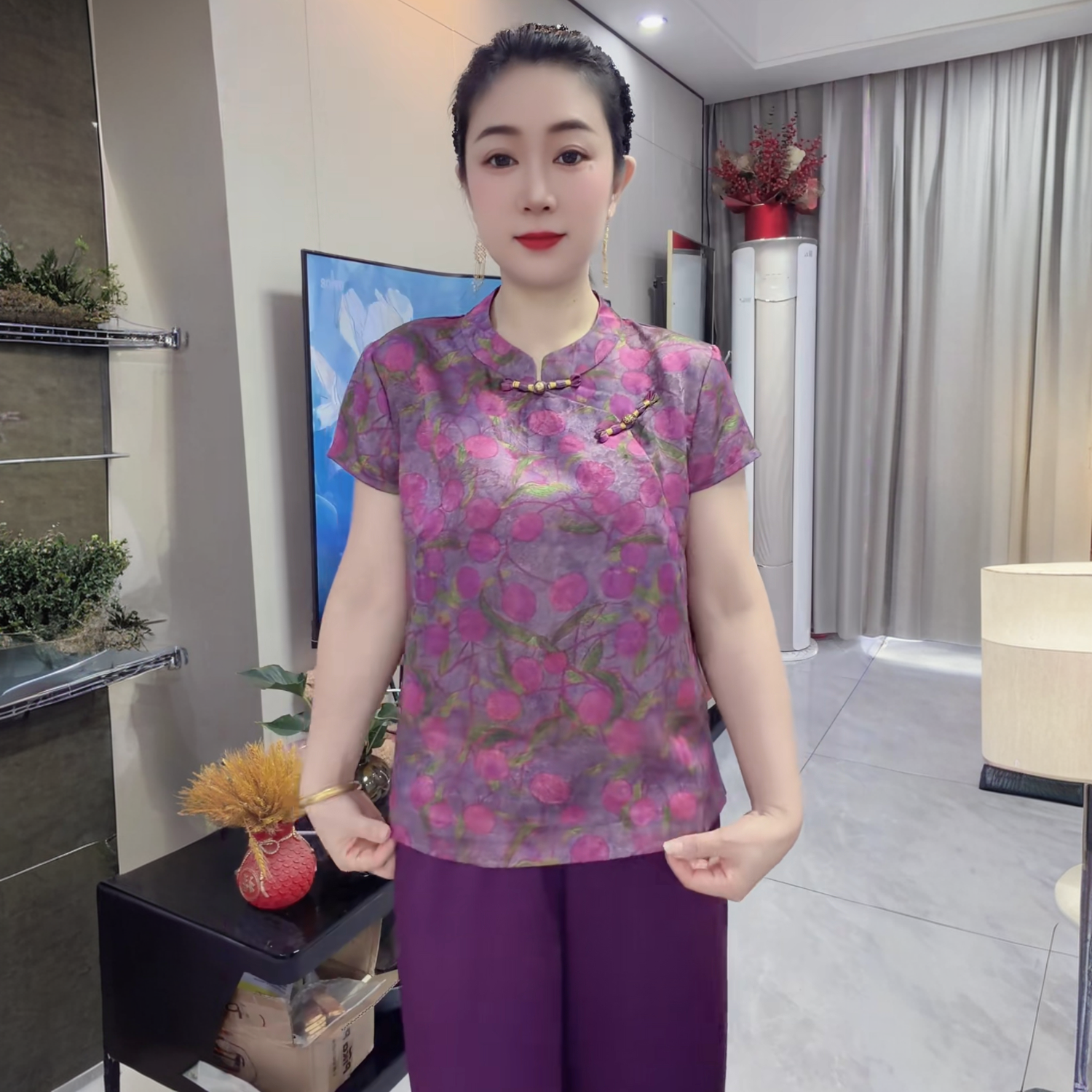 夏季新款短袖洋气旗袍衫上衣中年妈妈小衫阔腿裤大码宽松两件套装