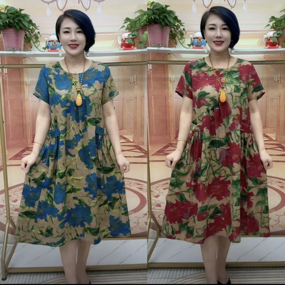 时尚气质棉麻舒适洋气大码长款遮肚子显瘦短袖宽松休闲碎花连衣裙