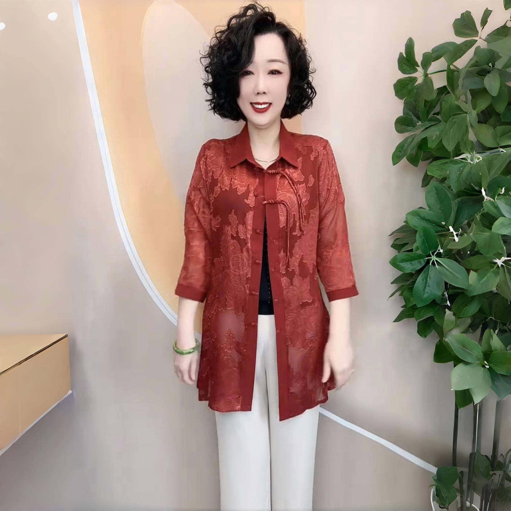 夏季新款七分袖真丝宽松中长款妈妈防晒外披时尚洋气大码衬衫外套