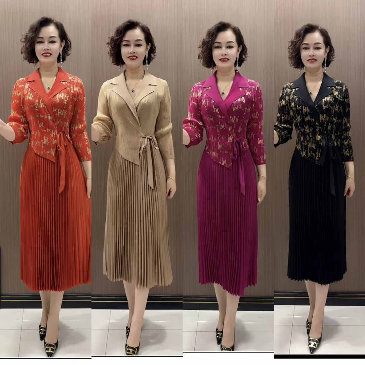 高端春夏新款时尚洋气拼接褶皱弹力大码中年妈妈长款假两件连衣裙