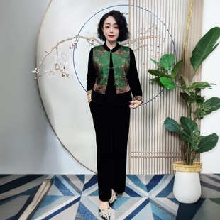 秋冬中年妈妈新中式国风洋气丝绒马夹时尚宽松双面穿马甲坎肩套装