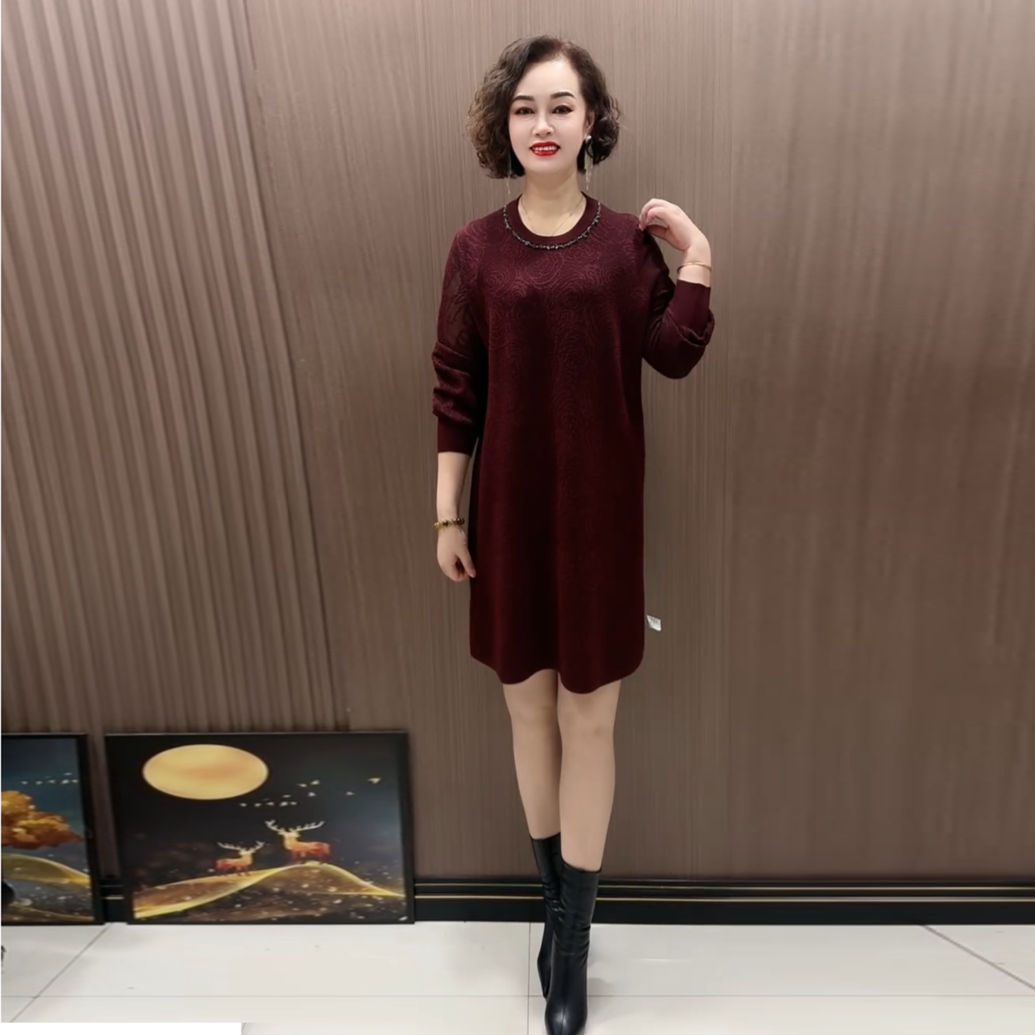 秋冬时尚针织提花大版衫宽松年轻妈妈装弹力中长款洋气打底毛衣裙