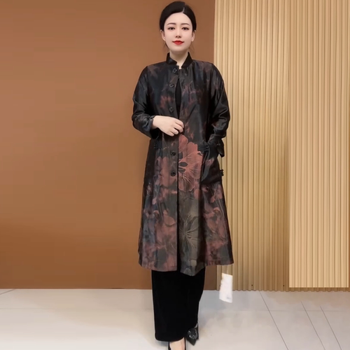 春装气质国风中老年妈妈醋酸缎提花长袖时尚宽松大码长款风衣外套