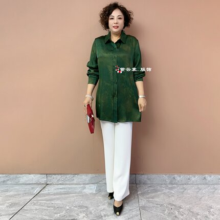中式国风妈妈春夏长袖醋酸丝缎衬衫宽松遮肉中老年中长款防晒衬衣