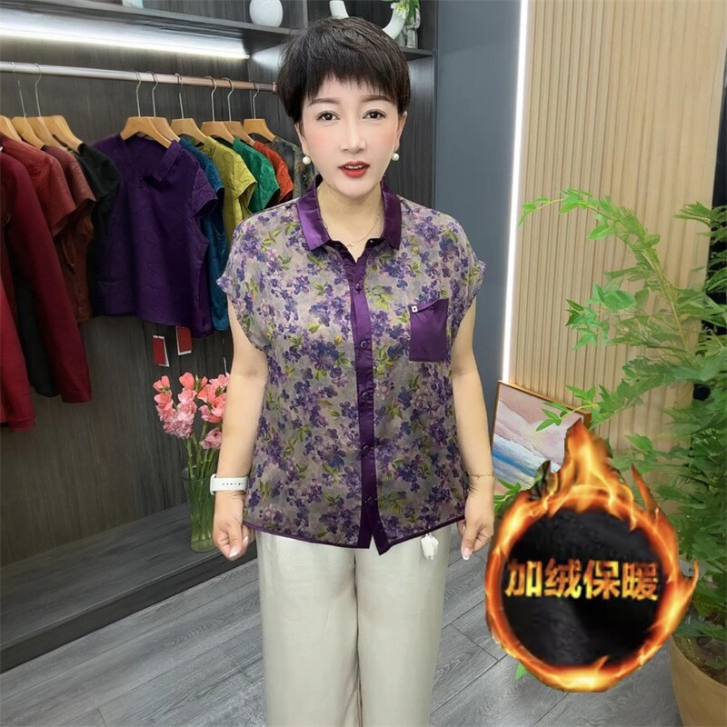 阔太太时尚夏季短袖中老年妈妈重磅真丝衬衫宽松遮肉短款开衫上衣