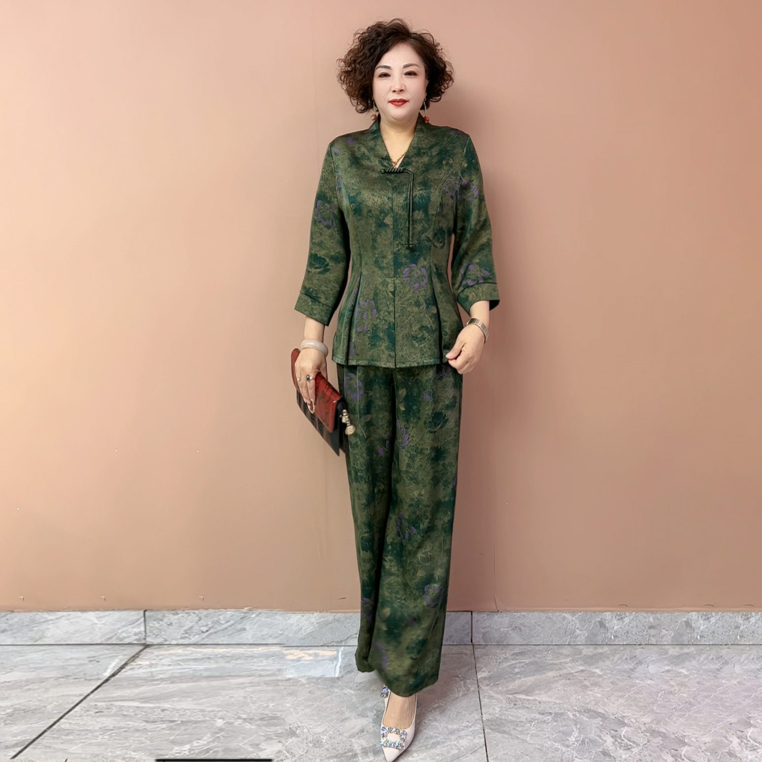 洋气妈妈装醋酸缎提花缎两件套春夏国风旗袍上衣阔腿裤大码套装女