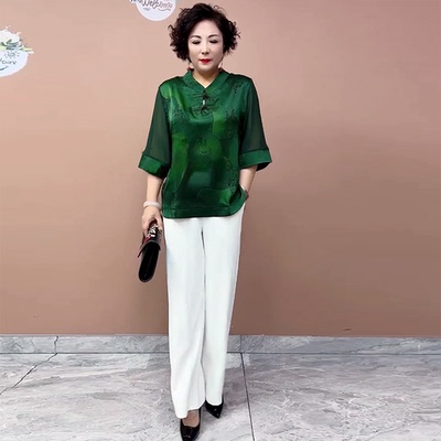 七分袖真丝花萝衬衫宽松