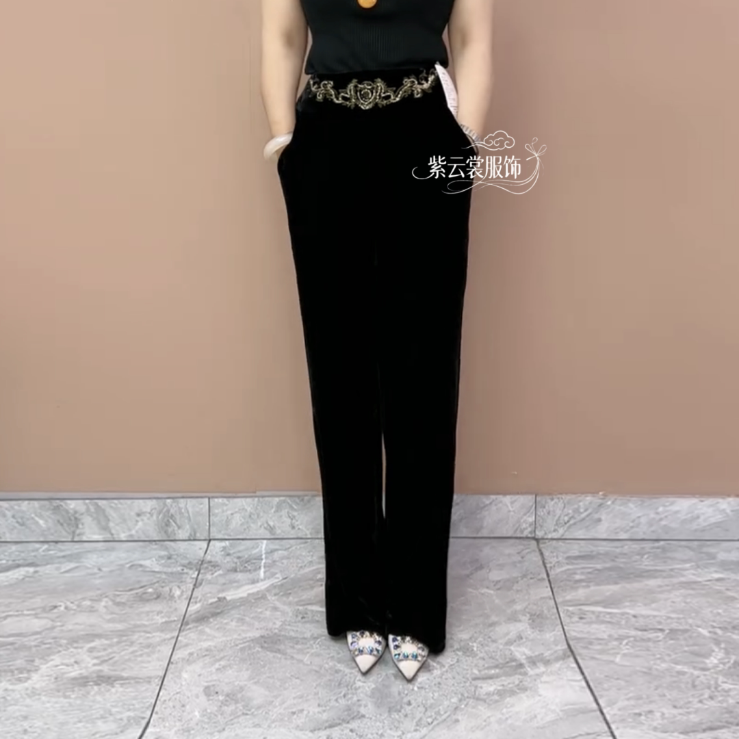 春秋窄版阔腿裤中老年妈妈绣花黑色金丝绒高档不倒绒大码直筒长裤
