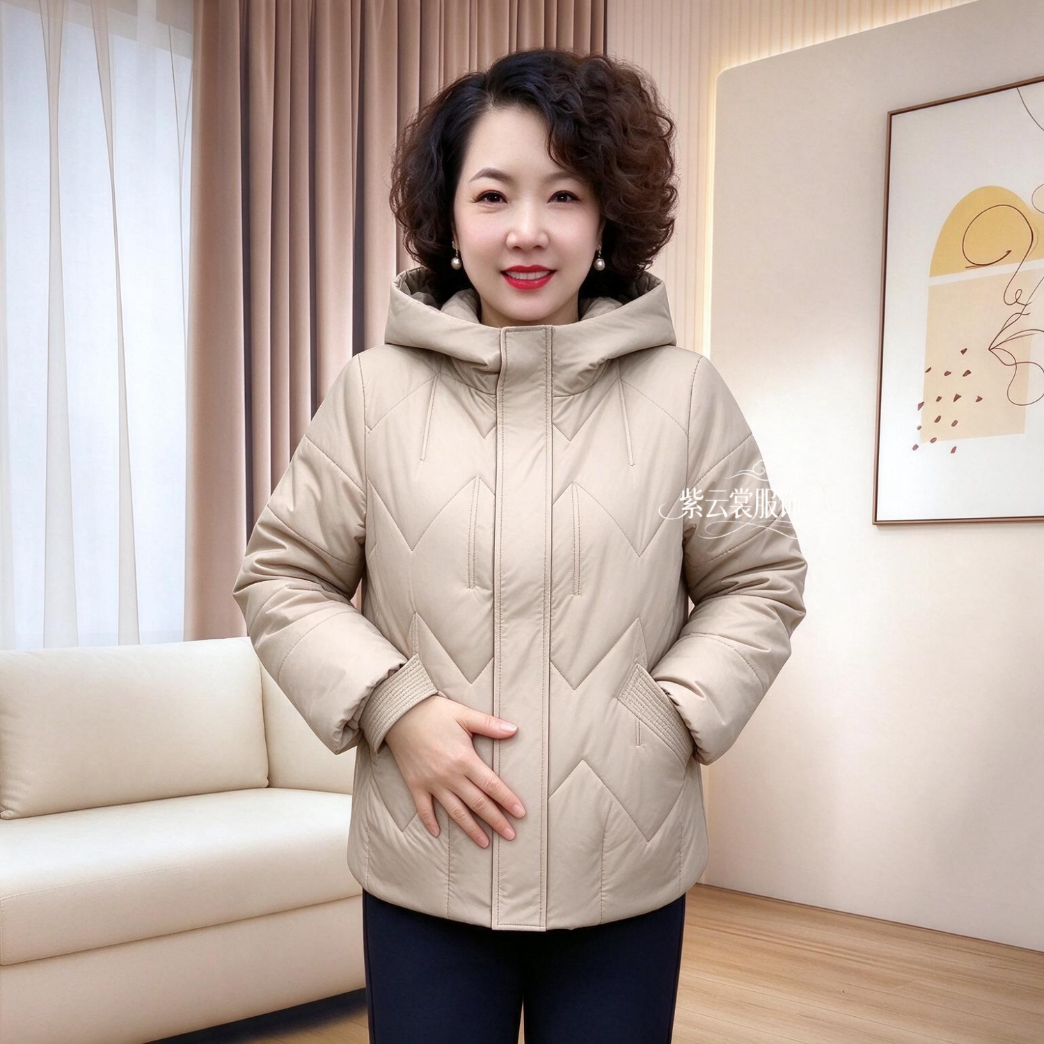 时尚连帽棉服冬季加厚棉袄保暖棉衣中老年妈妈装纯色洋气防寒外套