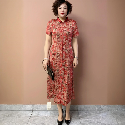 夏季妈妈装高端重磅真丝提花短袖连衣裙宽松遮肉过膝旗袍中长裙子