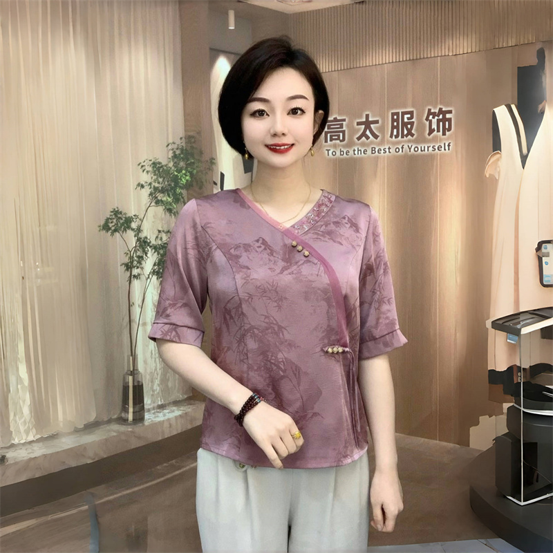夏季真丝时尚中老年妈妈装国风旗袍衬衫宽松遮肉洋气减龄大码上衣