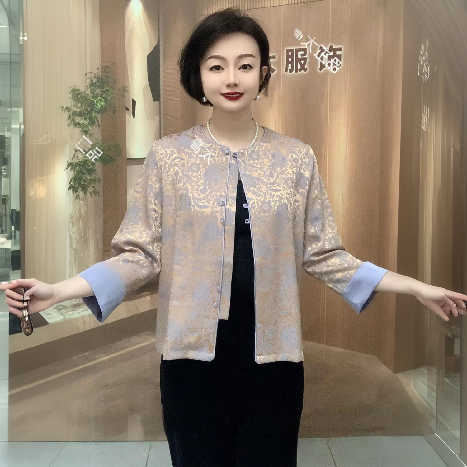 新中式妈妈夏季国风醋酸缎外套大气中老年洋气薄款七分袖旗袍上衣