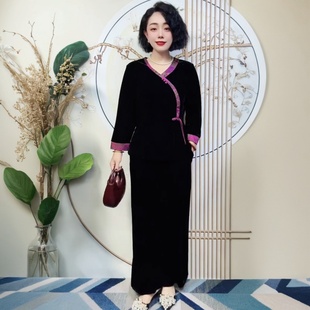 阔太太国风步摇撞色中老年妈妈旗袍衫上衣秋季丝绒洋气大码套装女